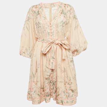 Pre Owned Zimmermann Pink Floral Print Linen Mini Dress L