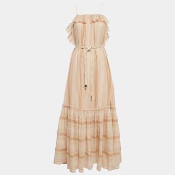 مملوكة مسبقًا فستان زيمرمان كوتون بيج مخطط ميتاليك بطبقات طويل مقاس متوسط - ميديوم