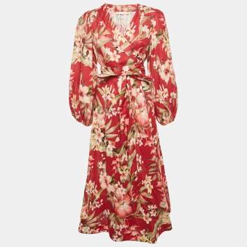 Pre Owned Zimmermann Red Floral Print Linen Lexi Wrap Dress L