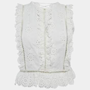 Pre Owned Zimmermann White Linen Blend Eyelet Crop Top M