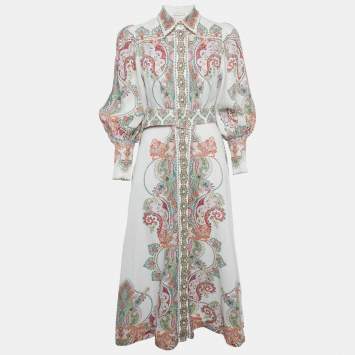 Pre Owned فستان زيمرمان أبيض بنمط بيزلي مطبوع  كتان تسعين-وستة فيليجري مقاس متوسط - ميديم