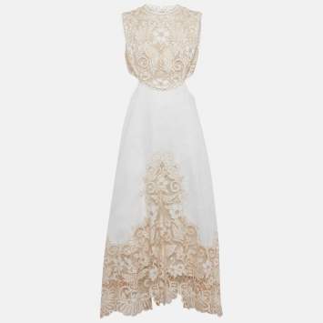 Pre Owned Zimmermann White Floral Embroidered Linen Cut Out Maxi Dress L