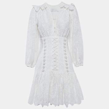 Pre Owned فستان زيمرمان أبيض قطن هونور مشد دانتيل قصير ميني مقاس متوسط