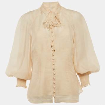 مملوكة مسبقًا Zimmermann Beige Linen Blend Floral Applique Buttoned Blouse L