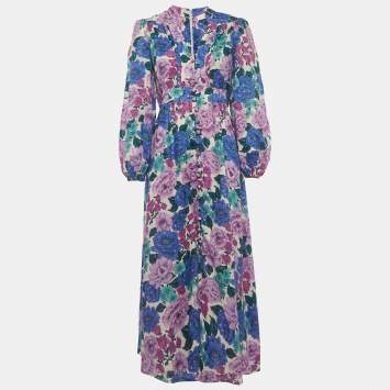 Pre Owned Zimmermann Multicolour Floral Print Linen Puff Sleeve Midi Dress M