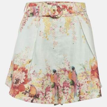 Pre Owned شورت زيمرمان كتان مطبوع أزرق مزهر بحزام مقاس كبير