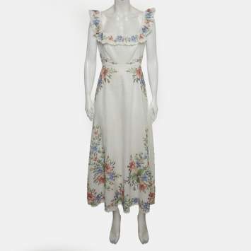 Pre Owned فستان زيمرمان من الكتان الأبيض بتطريز متقاطع قصير من فوق الكتف مقاس متوسط