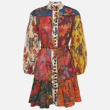 مملوكة مسبقًا فستان زيمرمان قطن بطبعة زهور متعددة الألوان بطبقات قصير مقاس متوسط (ميديوم)