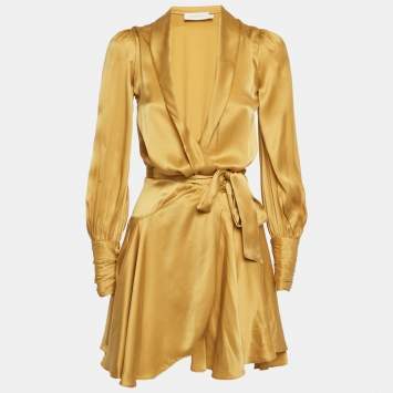 Pre Owned Zimmermann Gold Silk Wrap Ruffle Mini Dress S