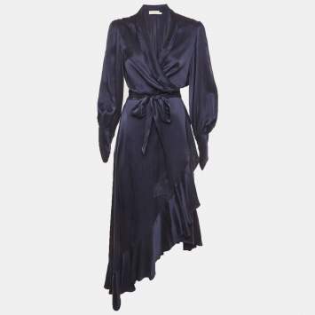مملوكة مسبقًا Zimmermann Navy Blue Silk Wrap Mini Dress M
