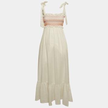 مملوكة مسبقًا Zimmermann White Linen Shirring Detail Midi Dress S