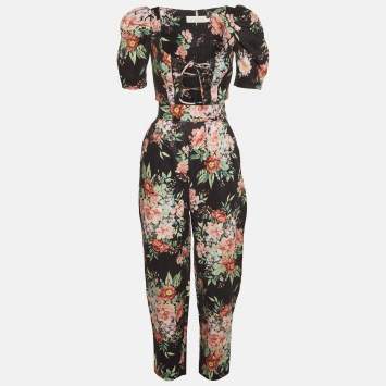 مملوكة مسبقًا طقم بنطلون وبلوزة زيمرمان قماش كتان بطبعة زهور سوداء مقاس صغير (إكس سمول/سمول)