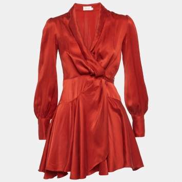 مملوكة مسبقًا Zimmermann Red Satin Ruffle Wrap Mini Dress XS
