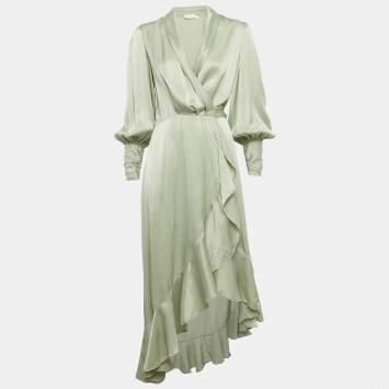 مملوكة مسبقًا Zimmermann Sage Green Satin Asymmetric Ruffled Wrap Dress M
