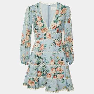 Pre Owned Zimmermann Blue Floral Printed Linen Tiered Mini Dress S