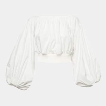 مملوكة مسبقًا Zimmermann White Poplin Rib Knit Trim Crop Top M
