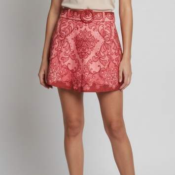 مملوكة مسبقًا Zimmermann Pink Baroque Print Linen Nina Belted Shorts M