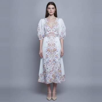 مملوكة مسبقًا Zimmermann White Floral Print Linen Prima Day Midi Dress L