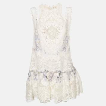 Pre Owned Zimmermann White Floral Print Linen Blend Lace Trim Mini Dress M