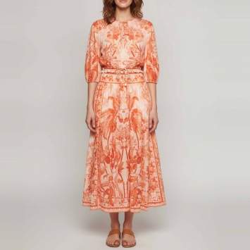 Pre Owned Zimmermann Red Palm Print Linen Cropped Top and Skirt Set M