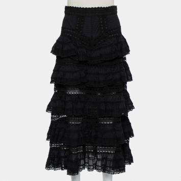 Pre Owned Zimmermann Black Paneled Cotton Lace Trim Ruffled Tiered Midi Skirt S