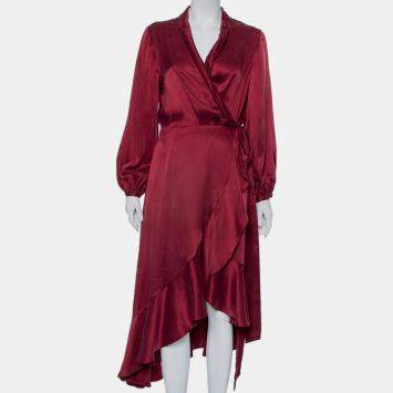 Pre Owned Zimmermann Burgundy Coated Silk Flounce Midi Wrap Dress S
