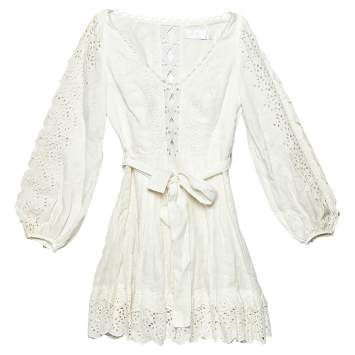 Pre Owned Zimmermann White Linen Eyelet Detail Belted Mini Dress S