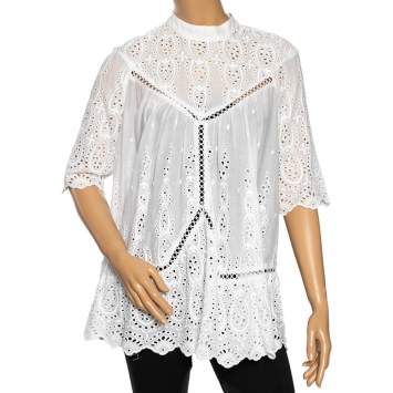 Pre Owned Zimmermann White Eyelet Cotton Scalloped Hem Detailed Blouse S