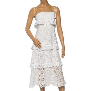 مملوكة مسبقًا Zimmermann White Eyelet Cotton Scalloped Trim Tiered Primrose Midi Dress XS