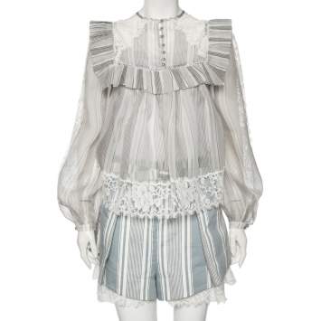 Pre Owned Zimmermann Grey/Blue Striped Cotton Havoc Lace Trimmed Shirt And Shorts Set S