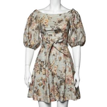 Pre Owned Zimmermann Light Green Floral Printed Linen Belted Mini Dress S