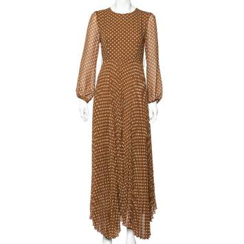 Pre Owned Zimmermann Brown Polka Dot Chiffon Pleated Sunray Dress M