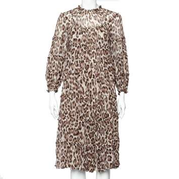مملوكة مسبقًا Zimmermann Brown Animal Printed Silk Chiffon Tiered Midi Dress M