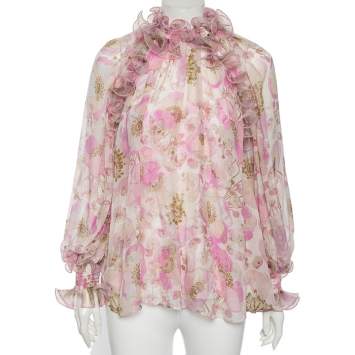 Pre Owned Zimmermann Pink Floral Printed Silk Ruffled Blouse S