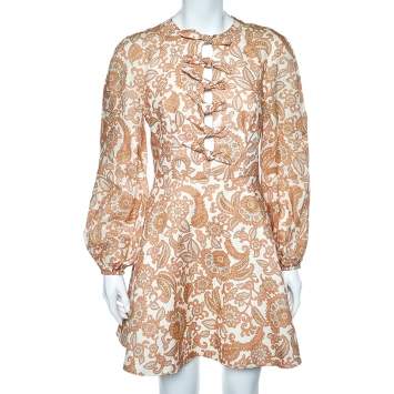 Pre Owned Zimmermann Multicolor Floral Printed Linen Peggy Knotted Mini Dress M