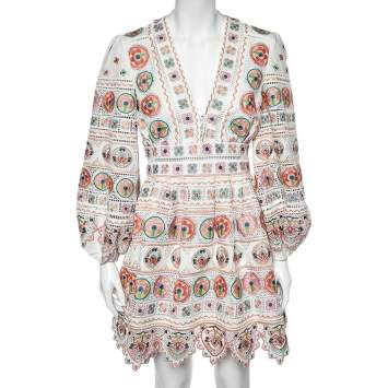 Pre Owned Zimmermann Multicolour Embroidered Cotton Pleated Plunge Dress S