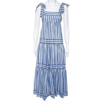 Pre Owned Zimmermann Blue Verity Striped Cotton Tiered Dress S