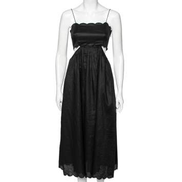 مملوكة مسبقًا Zimmermann Black Linen Lace-Up Detail Aliane Midi Dress S 