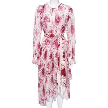 Pre Owned Zimmermann Pink Printed Silk Chiffon Long Sleeve Belted Dress L