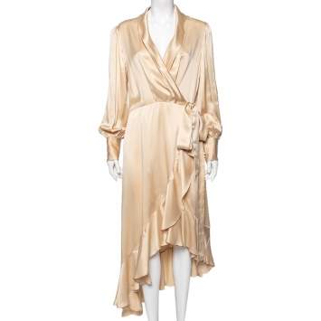 Pre Owned Zimmermann Gold Silk Ruffled Asymmetrical Wrap Dress L
