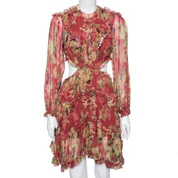 مملوكة مسبقًا Zimmermann Multicolor Floral Printed Silk Ruffle Detail Backless Dress S
