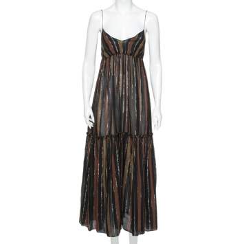 Pre Owned Zimmermann Multicolor Cotton and Metallic Striped Tiered Tasseled Maxi Dress S