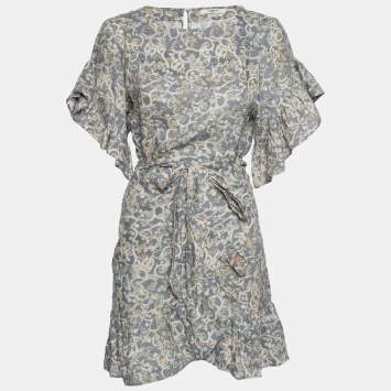 مملوكة مسبقًا Zimmermann Blue Printed Linen Wrap Detail Ruffled Dress S