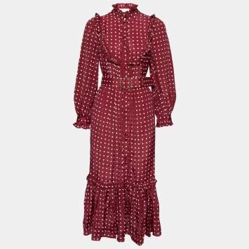 Pre Owned Zimmermann Red Polka Dotted Crepe De Chine Belted Dress M