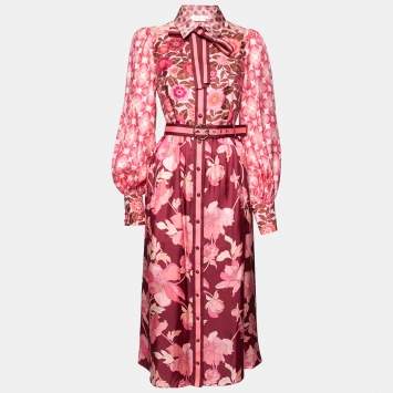 مملوكة مسبقًا Zimmermann Pink Floral Printed Silk Belted Midi Shirt Dress M