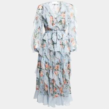 Pre Owned Zimmermann Blue Floral Printed Silk Chiffon Ruffle Trimmed Dress S