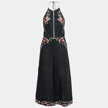 Pre Owned Zimmermann Black Linen & Cotton Floral Embroidered Jumpsuit M
