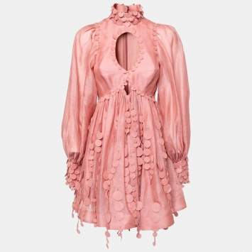 Pre Owned Zimmermann Pink Linen & Cotton Concert Disc Cut-Out Detail Mini Dress S