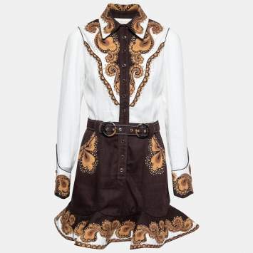 Pre Owned Zimmermann White & Brown Linen Zippy Dandy Studded Belted Dress M