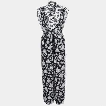 Pre Owned Zimmermann Black and White Rose Print Crepe Shirt and Trouser Suit S
